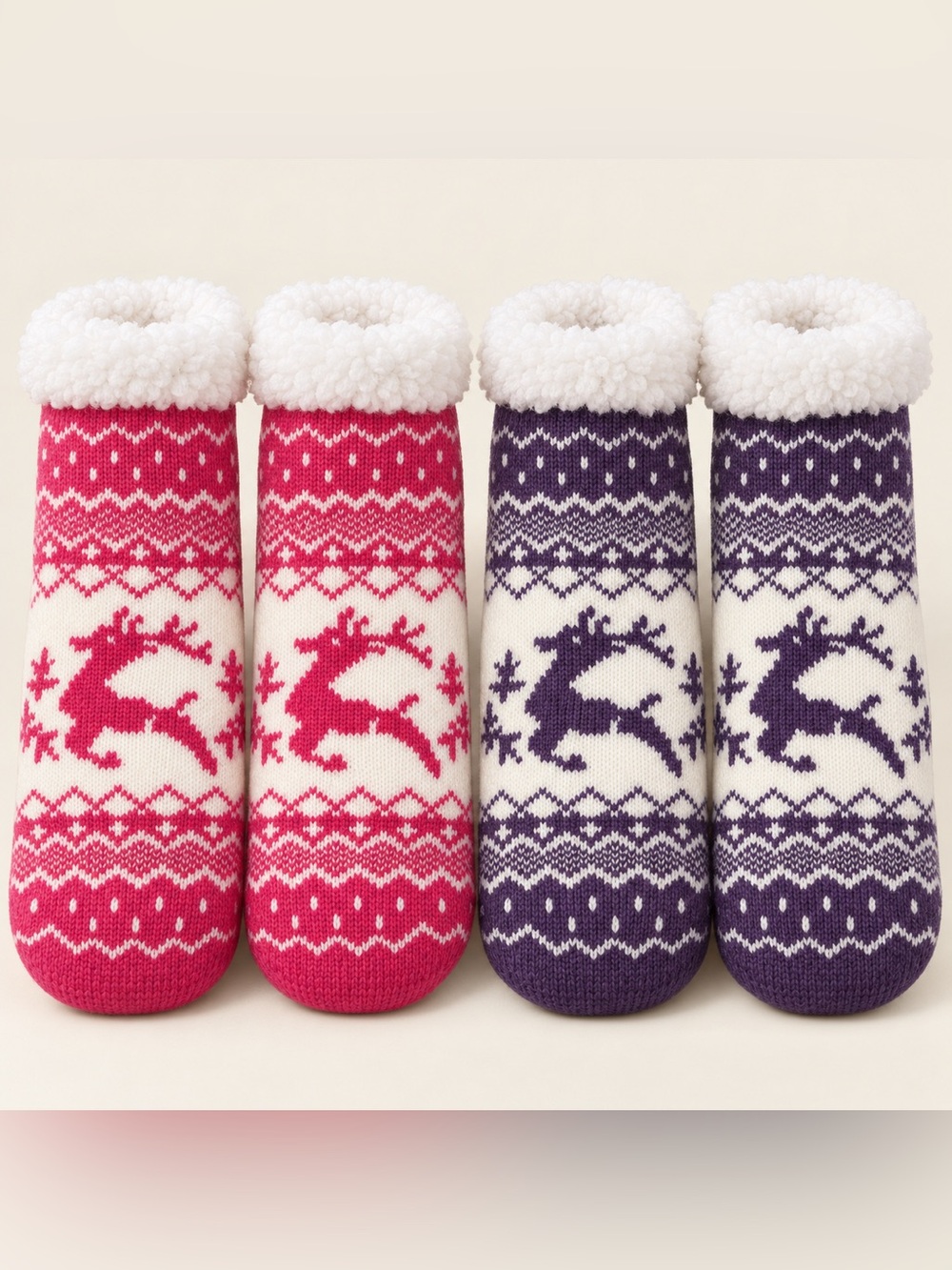 2 Pairs Women’s Reindeer Sherpa Slipper Socks Non-Slip Grippers New